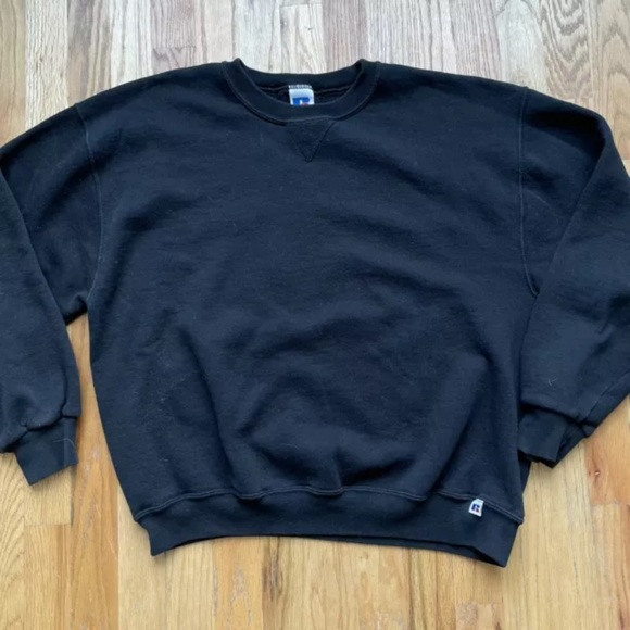 Men's Vintage Russell Athletic Black Blank Crewneck Pullover - Technical View